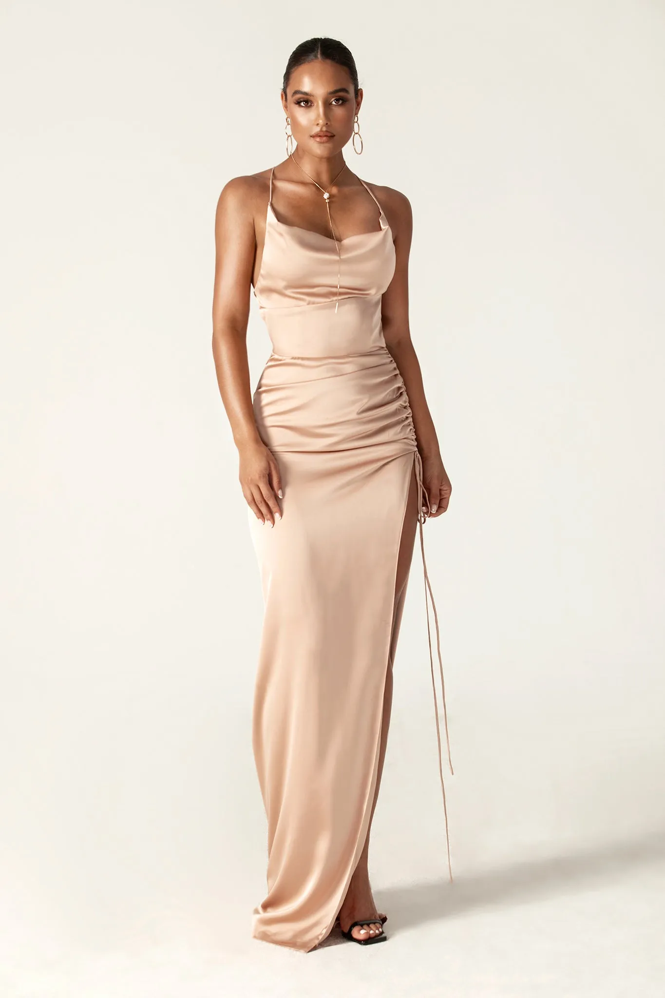 Reva Cowl Neckline Sheath Backless Maxi Dress (Coral)