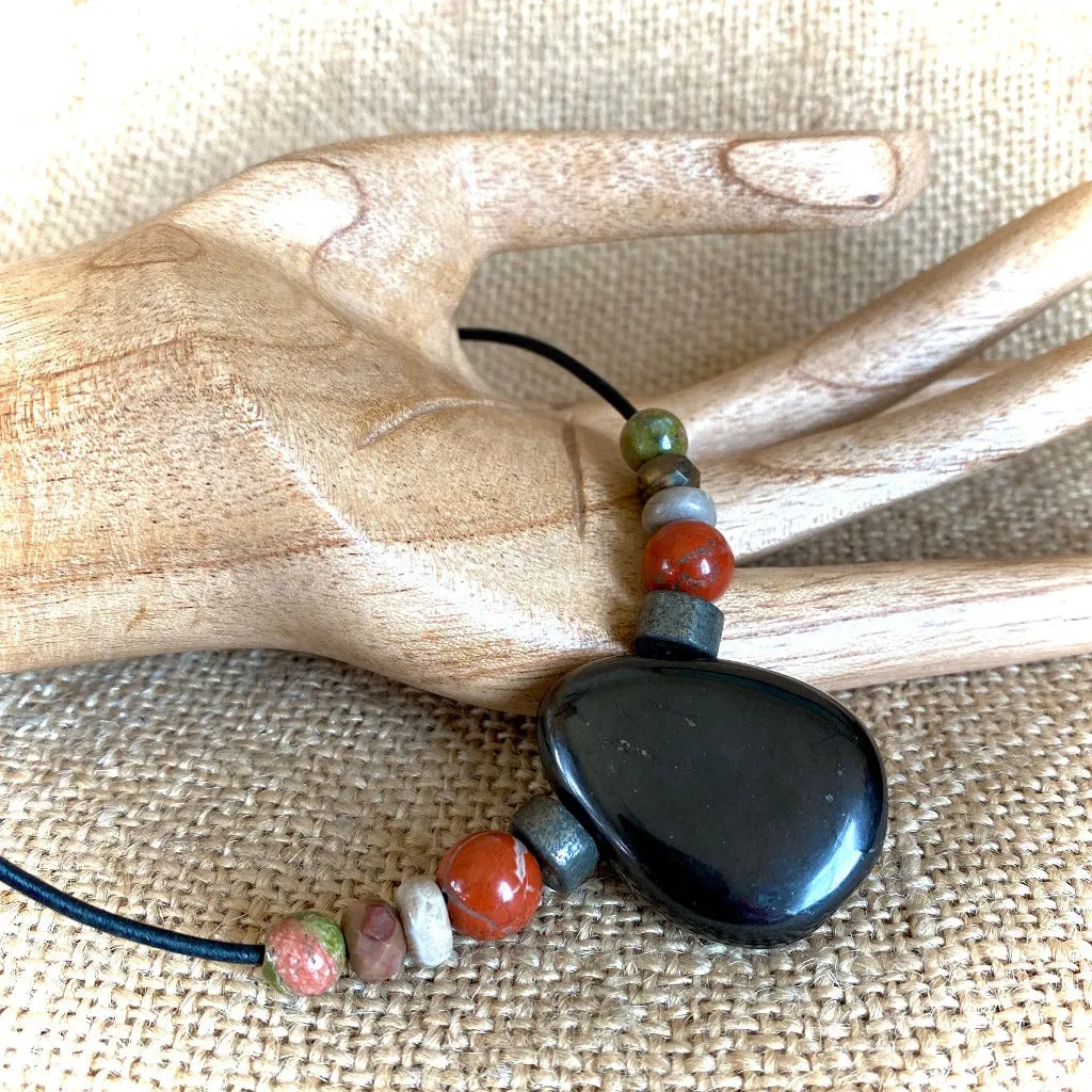 Shungite Medallion Necklace w/Pyrite, Jasper, Fossilized Coral & Unakite