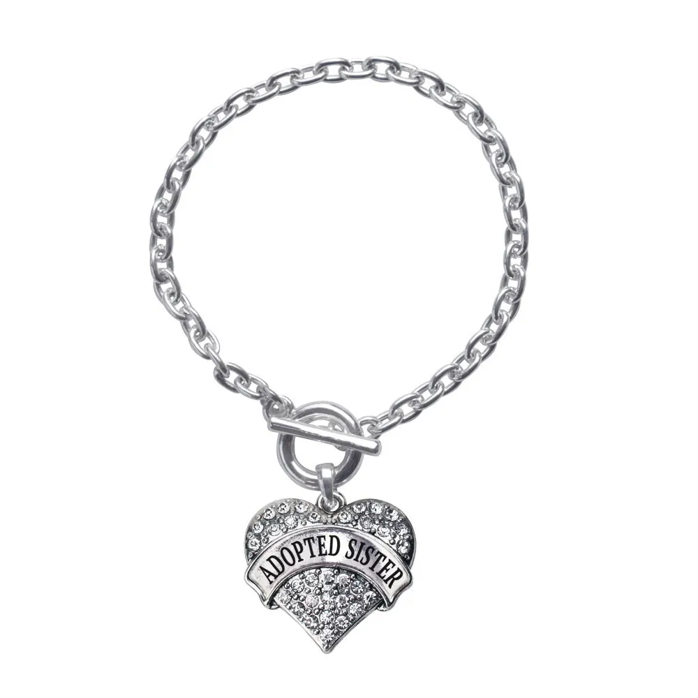 Silver Adopted Sister Pave Heart Charm Toggle Bracelet