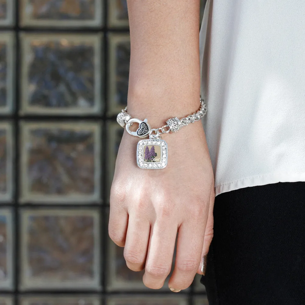 Silver Aunt Lilac Flower Square Charm Braided Bracelet