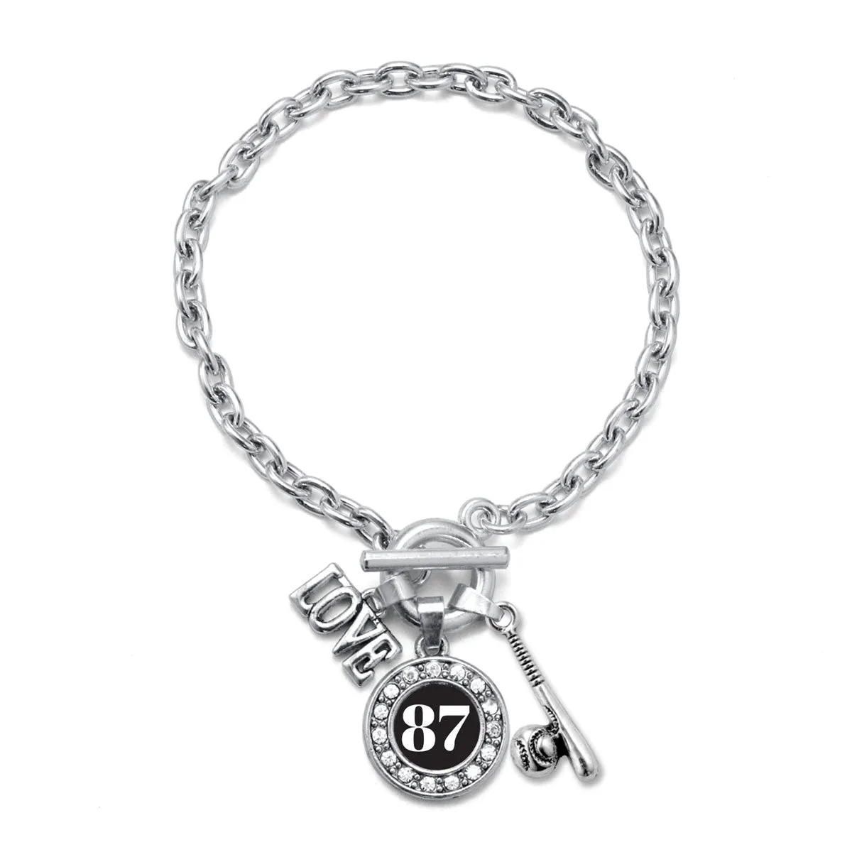 Silver Baseball Bat - Sports Number 87 Circle Charm Toggle Bracelet