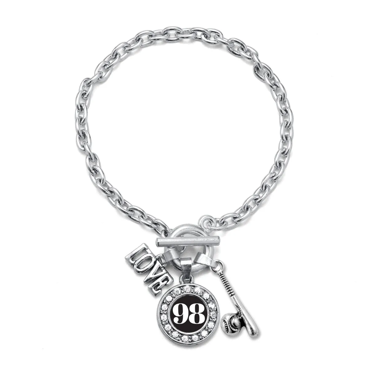 Silver Baseball Bat - Sports Number 98 Circle Charm Toggle Bracelet