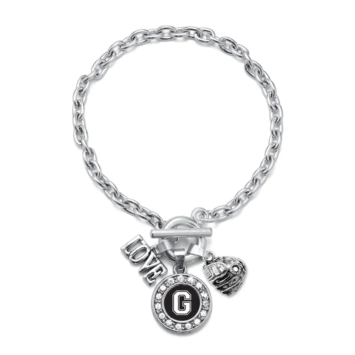 Silver Baseball Glove - Sports Initial G Circle Charm Toggle Bracelet