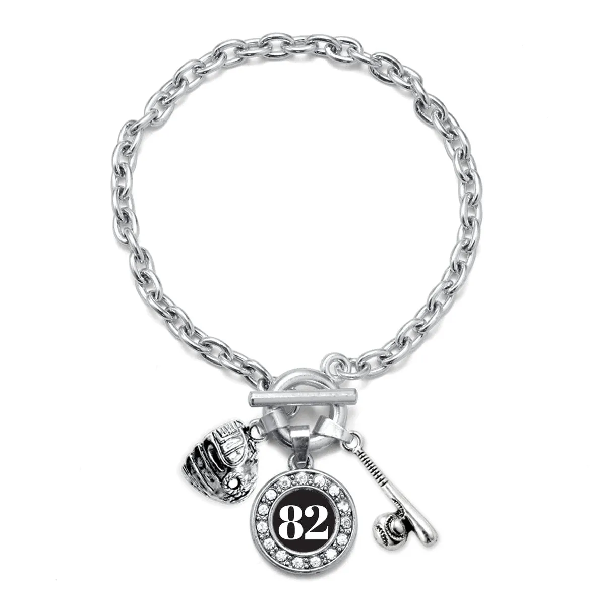 Silver Baseball/Softball - Sports Number 82 Circle Charm Toggle Bracelet