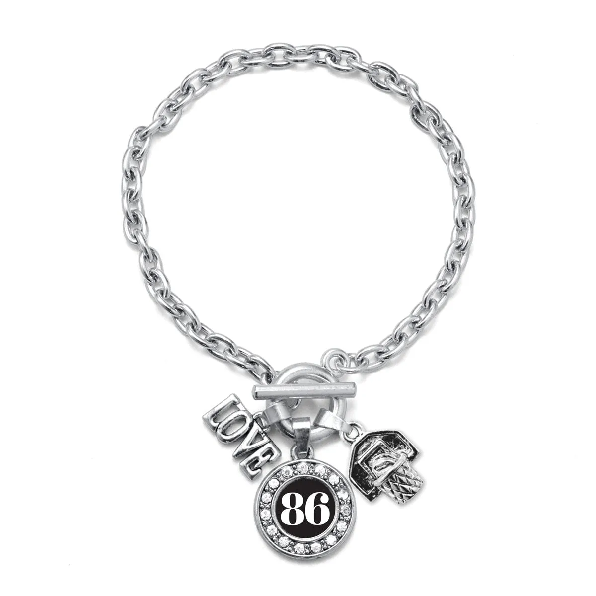 Silver Basketball Hoop - Sports Number 86 Circle Charm Toggle Bracelet