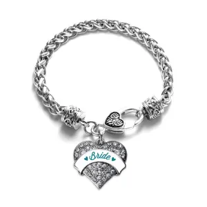 Silver Dark Teal Bride Pave Heart Charm Braided Bracelet