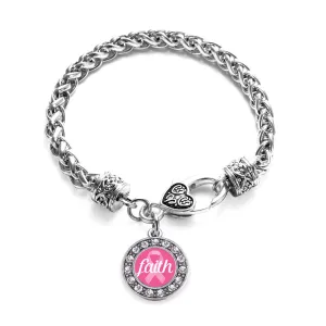 Silver Faith Ribbon Breast Cancer Awareness Circle Charm Braided Bracelet