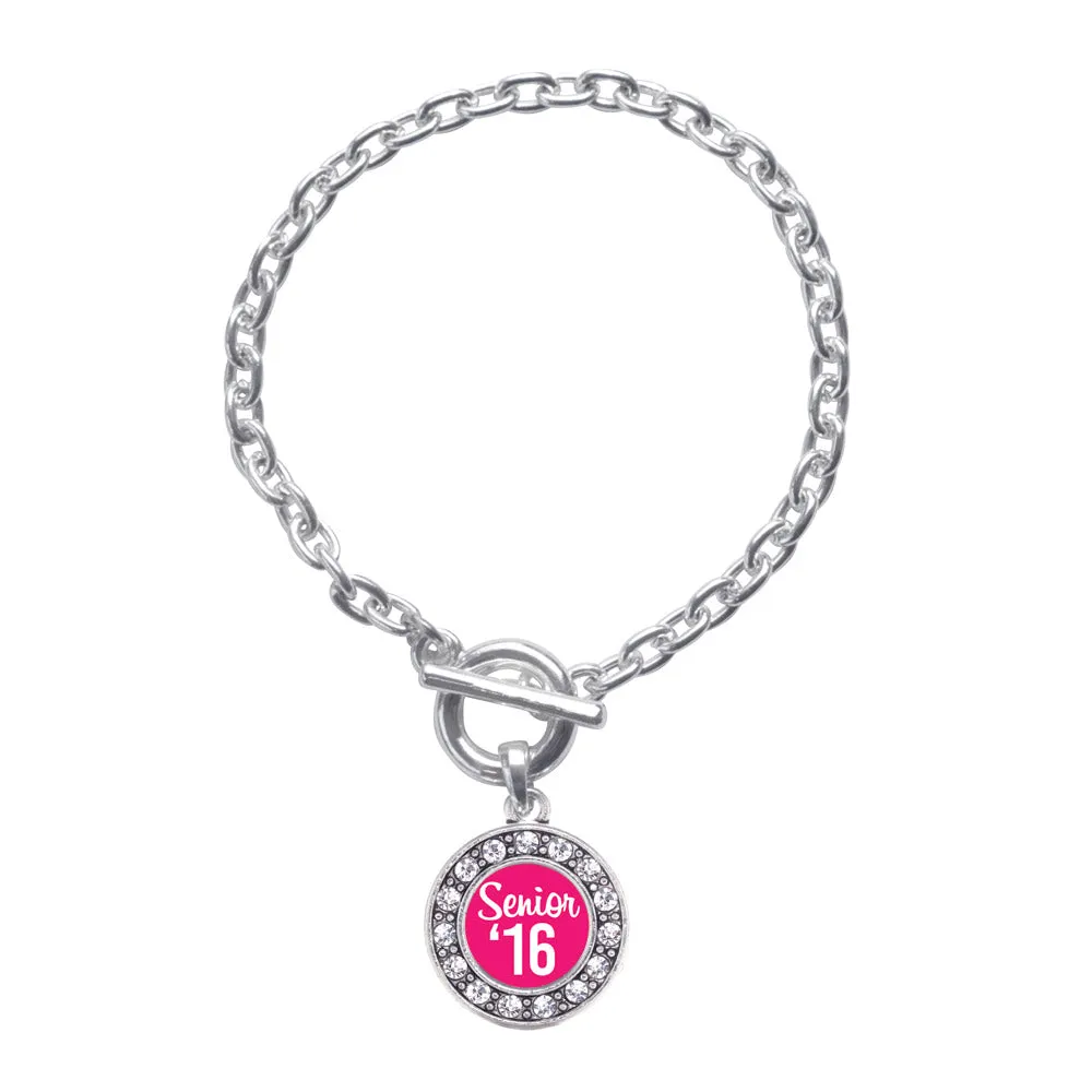 Silver Fuchsia Senior '16 Circle Charm Toggle Bracelet