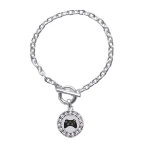 Silver Gamer Girl Circle Charm Toggle Bracelet