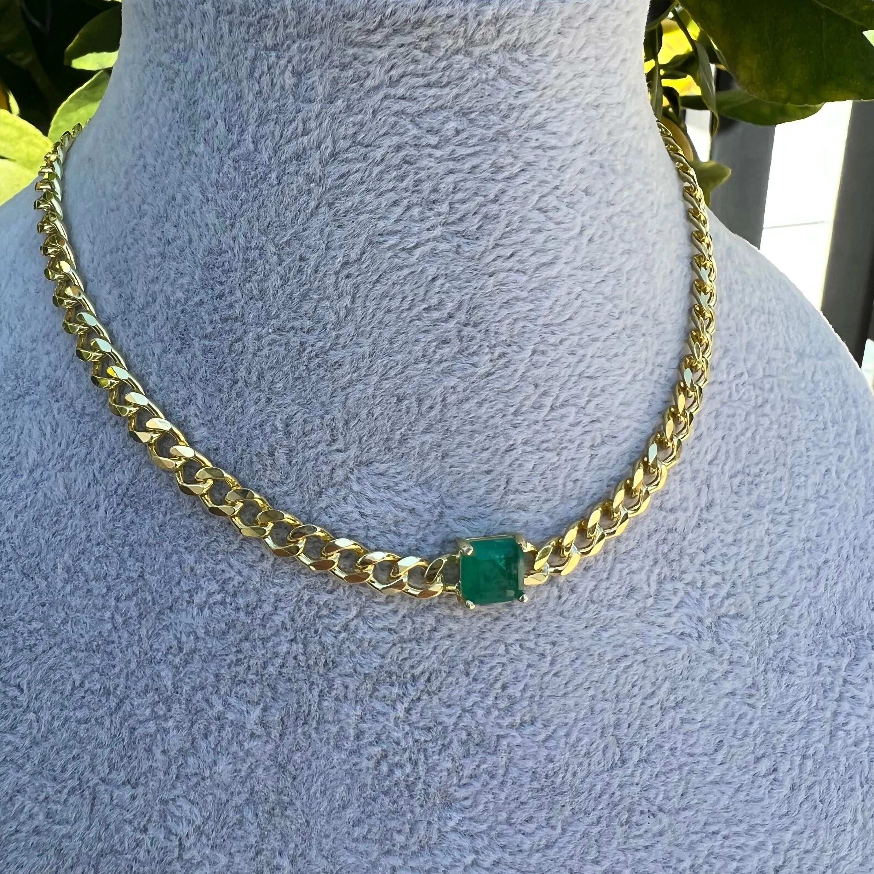 Silver gold plated curb link emerald choker