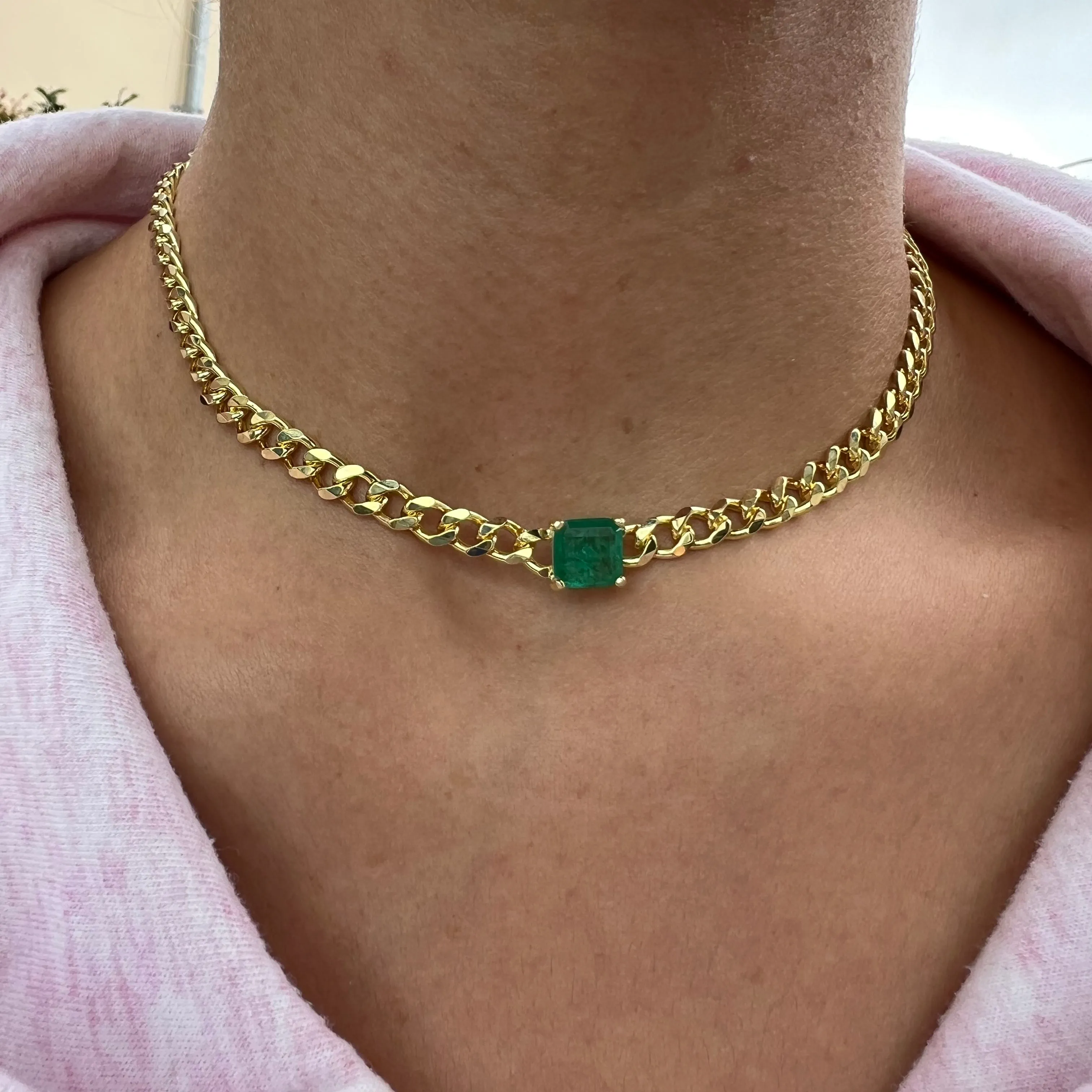 Silver gold plated curb link emerald choker