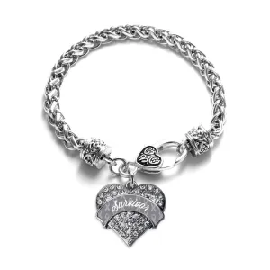 Silver Gray Survivor Pave Heart Charm Braided Bracelet