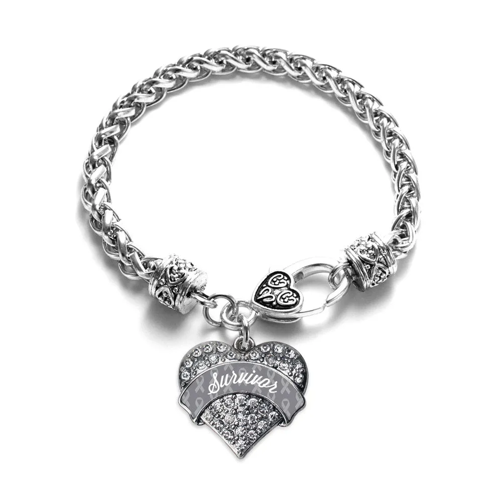 Silver Gray Survivor Pave Heart Charm Braided Bracelet