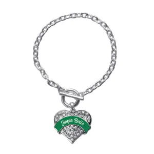 Silver Green Jingle Bells Pave Heart Charm Toggle Bracelet