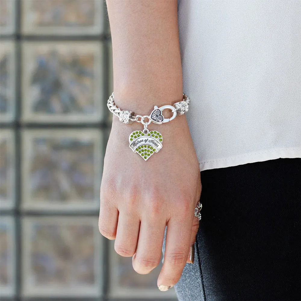 Silver Green Matron of Honor Green Pave Heart Charm Braided Bracelet