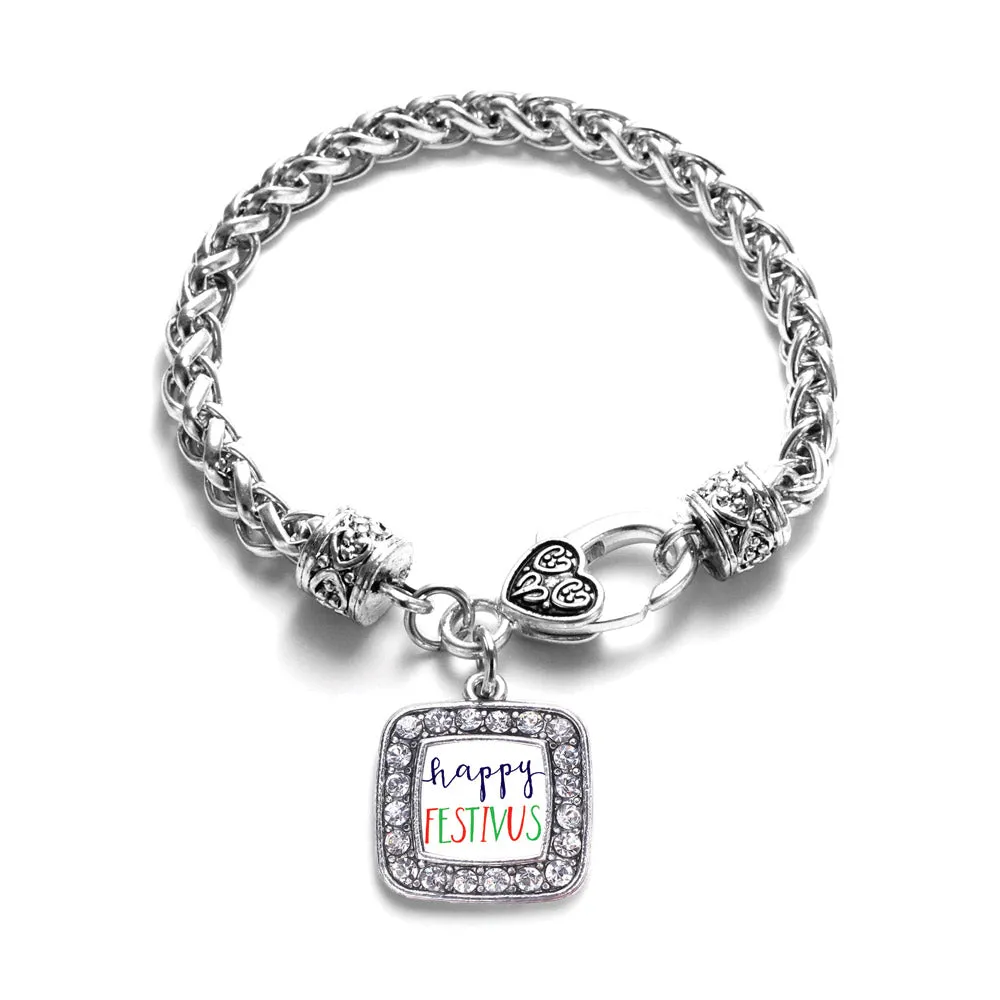 Silver Happy Festivus Square Charm Braided Bracelet