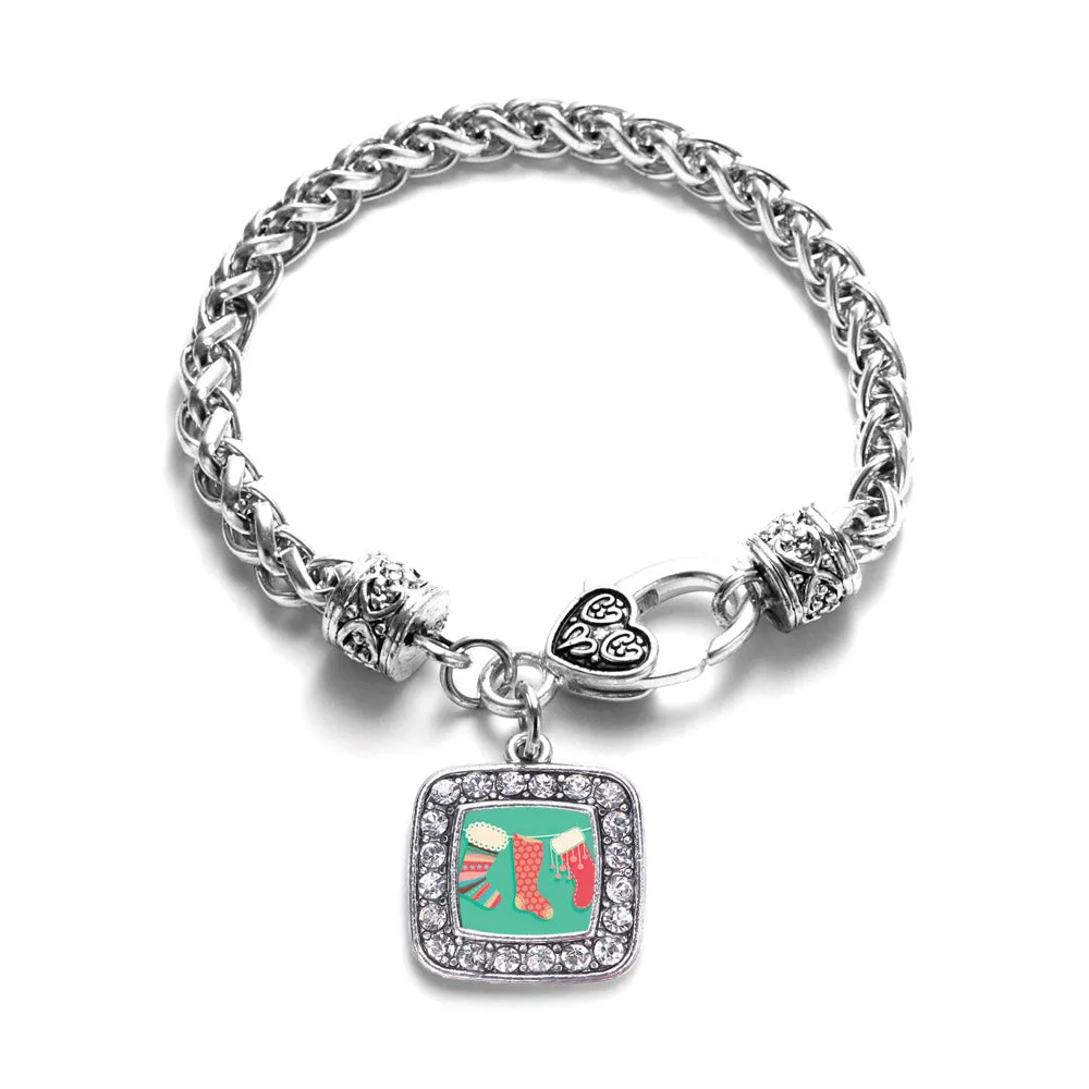 Silver Holiday Stockings Square Charm Braided Bracelet