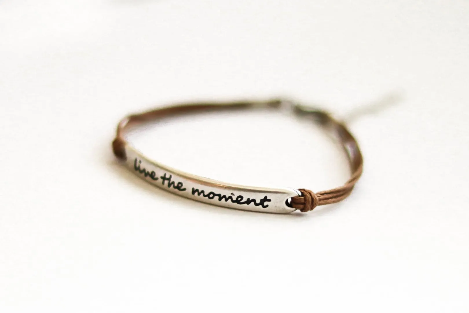 Silver Live the moment bracelet for women, brown cord, yoga jewelry, gift for her