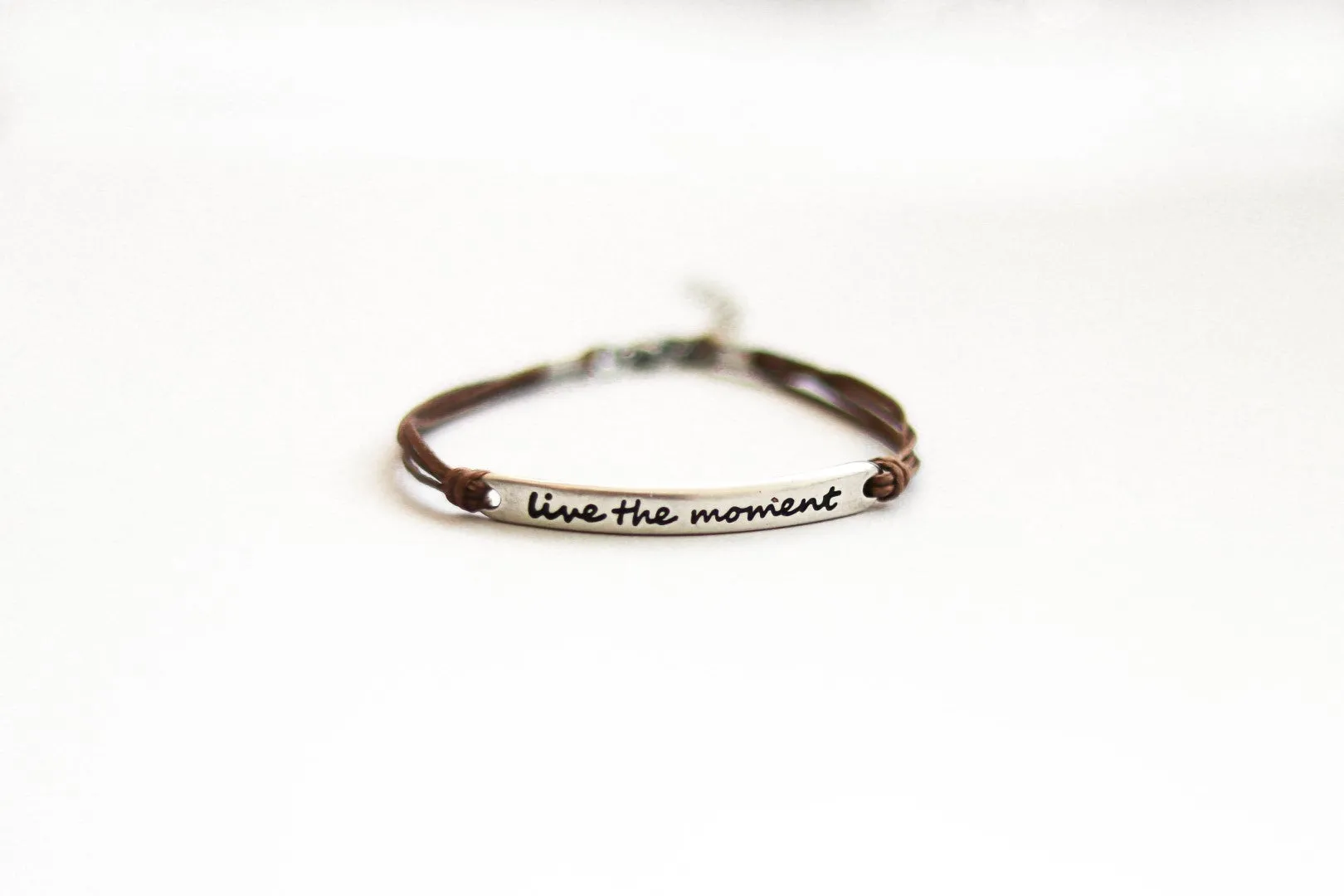 Silver Live the moment bracelet for women, brown cord, yoga jewelry, gift for her