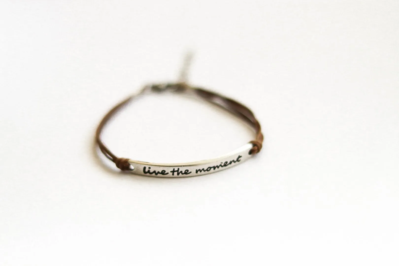 Silver Live the moment bracelet for women, brown cord, yoga jewelry, gift for her