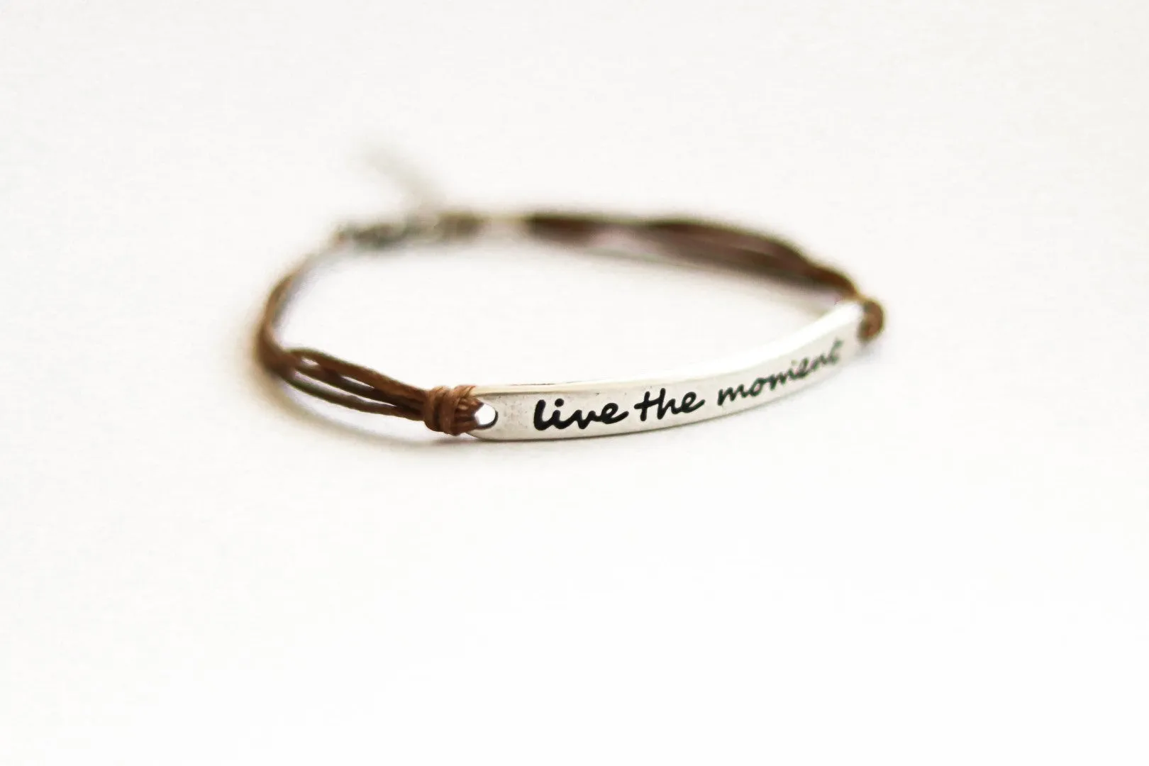 Silver Live the moment bracelet for women, brown cord, yoga jewelry, gift for her