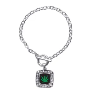 Silver Marijuana Leaf Square Charm Toggle Bracelet