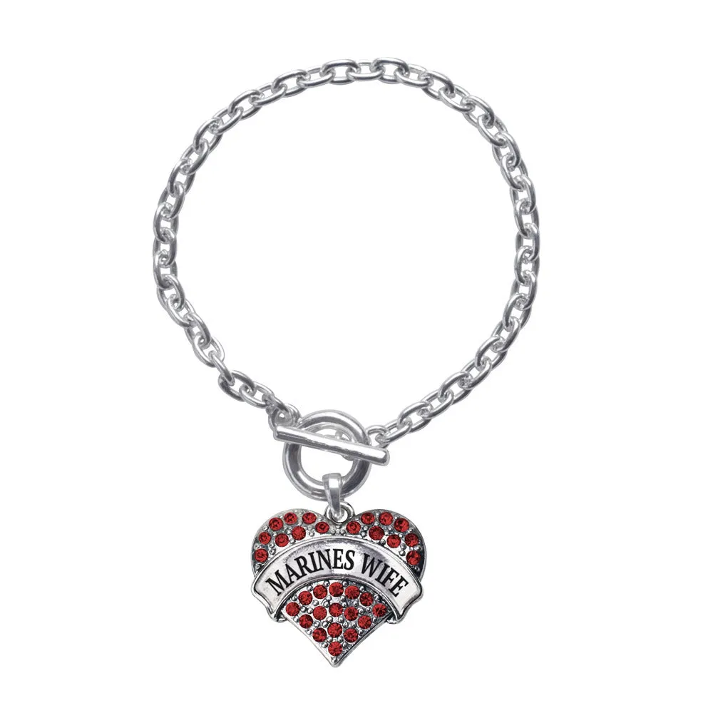 Silver Marines Wife Red Pave Heart Charm Toggle Bracelet