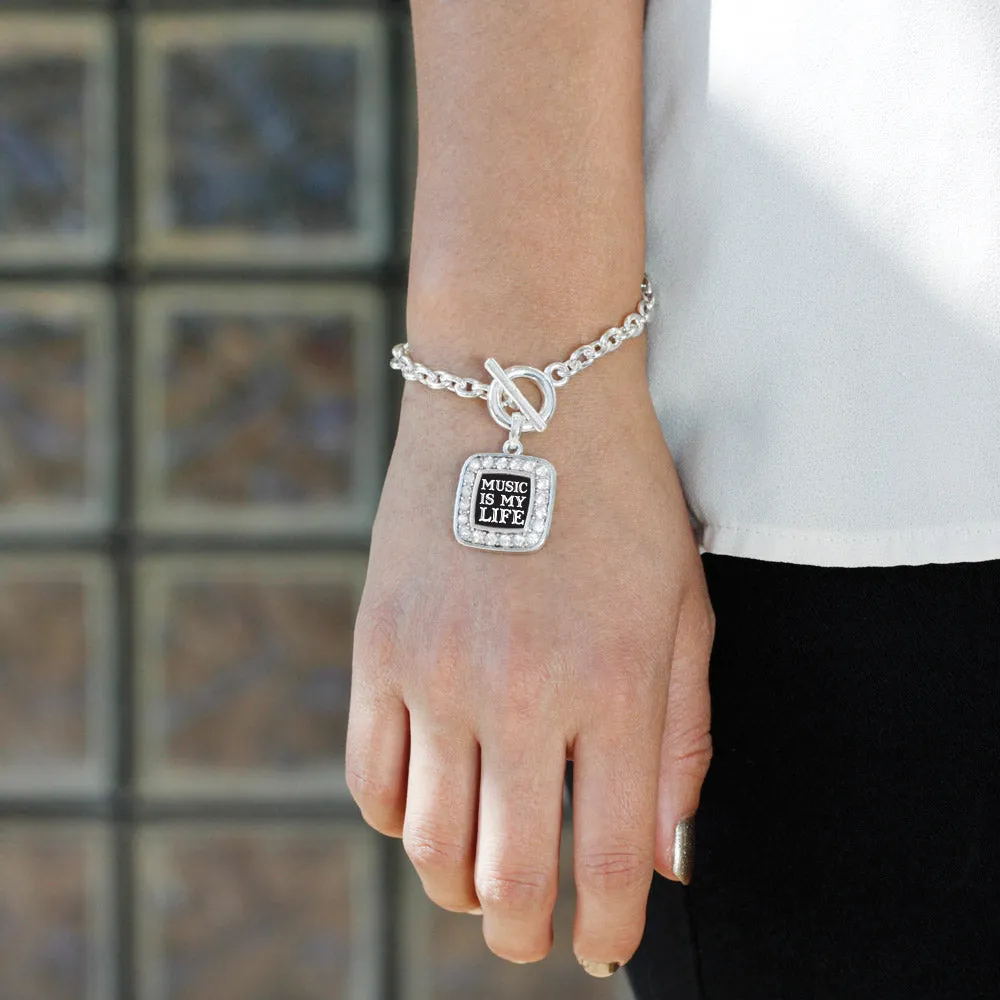 Silver Music Is My Life Square Charm Toggle Bracelet