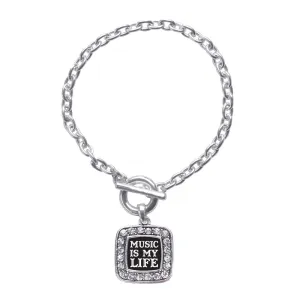 Silver Music Is My Life Square Charm Toggle Bracelet