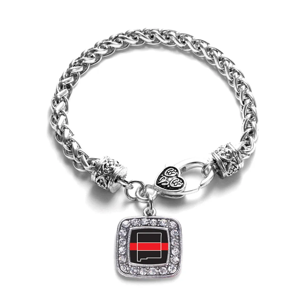 Silver New Mexico Thin Red Line Square Charm Braided Bracelet