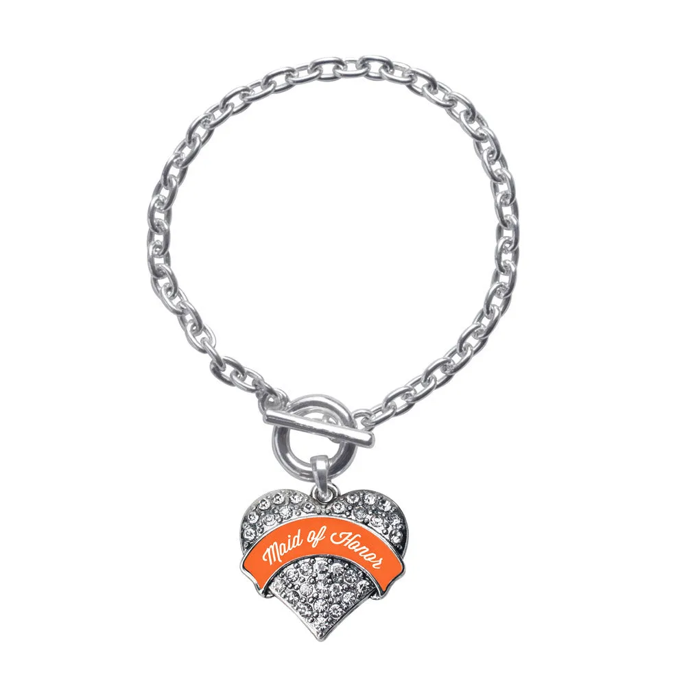 Silver Orange Maid of Honor Pave Heart Charm Toggle Bracelet