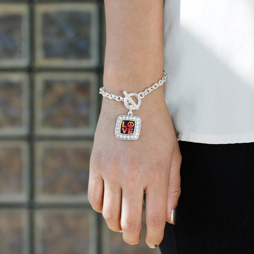 Silver Peace And Love Square Charm Toggle Bracelet