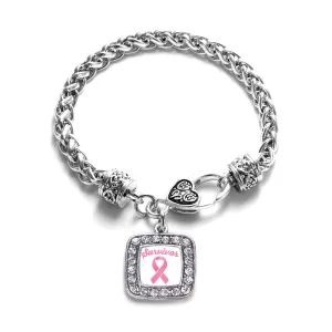 Silver Pink Ribbon Survivor Square Charm Braided Bracelet