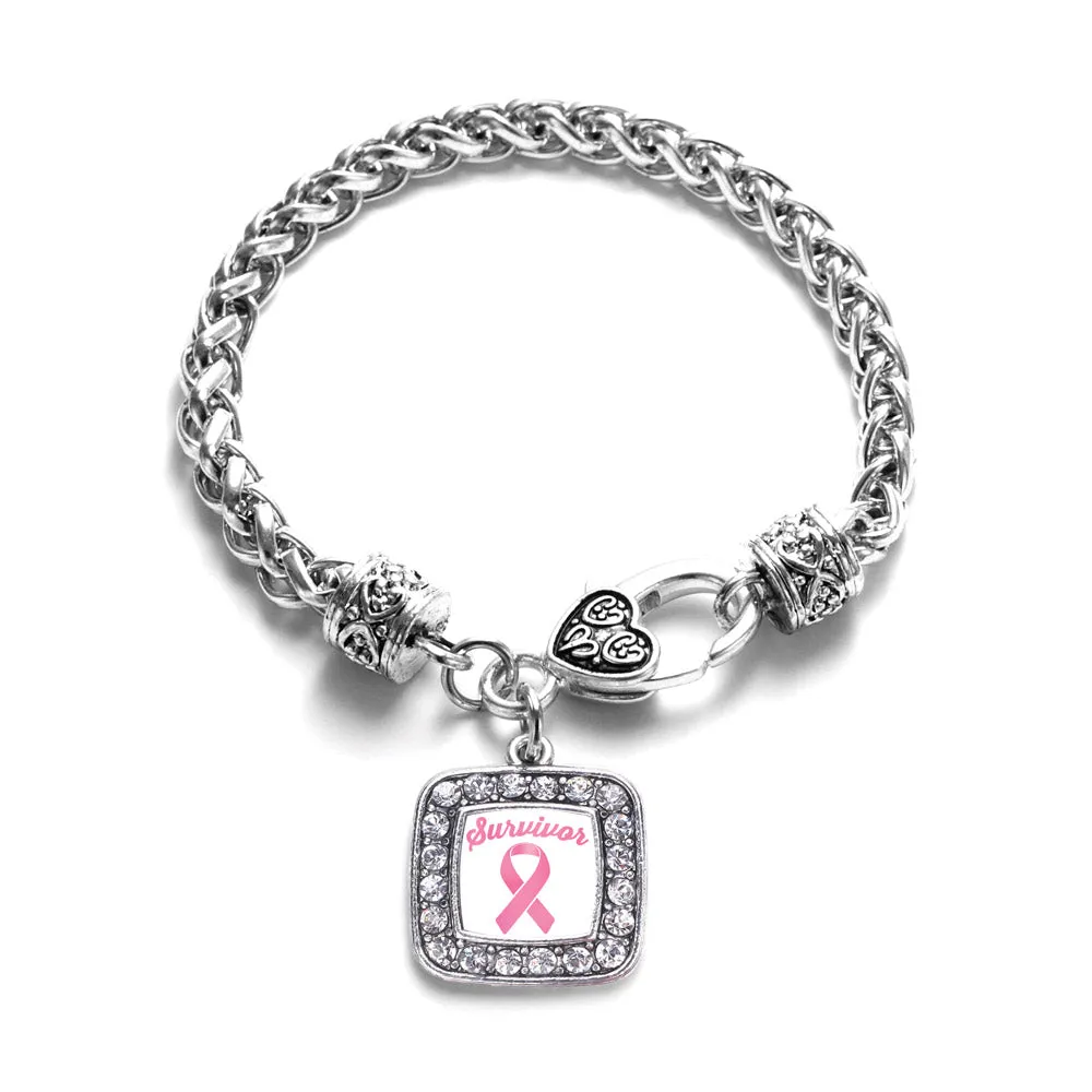 Silver Pink Ribbon Survivor Square Charm Braided Bracelet