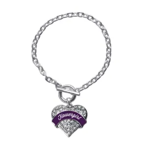 Silver Plum Flower Girl Pave Heart Charm Toggle Bracelet