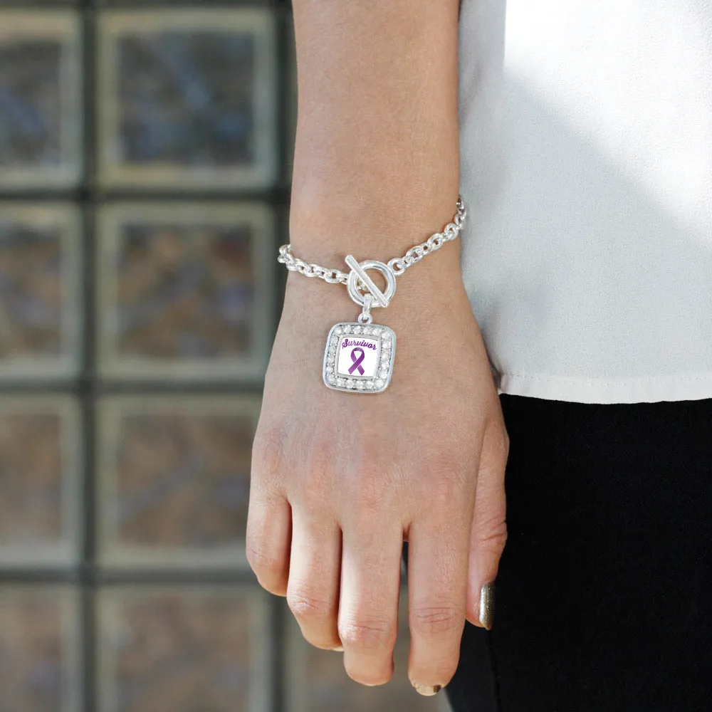 Silver Purple Ribbon Survivor Square Charm Toggle Bracelet