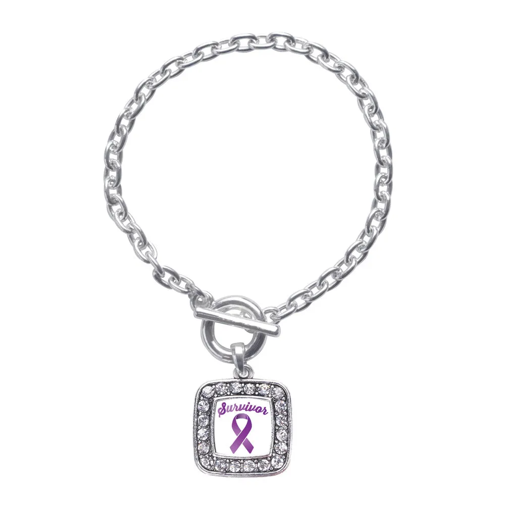 Silver Purple Ribbon Survivor Square Charm Toggle Bracelet