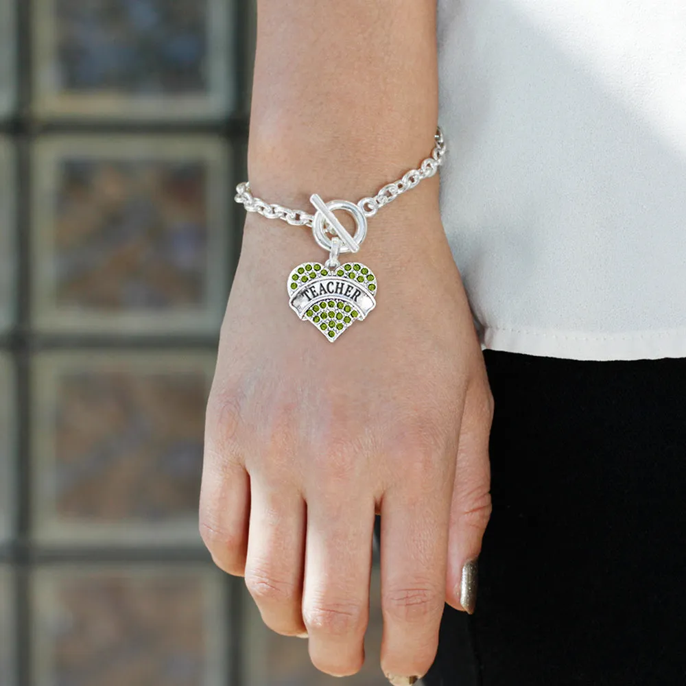 Silver Teacher Green Green Pave Heart Charm Toggle Bracelet