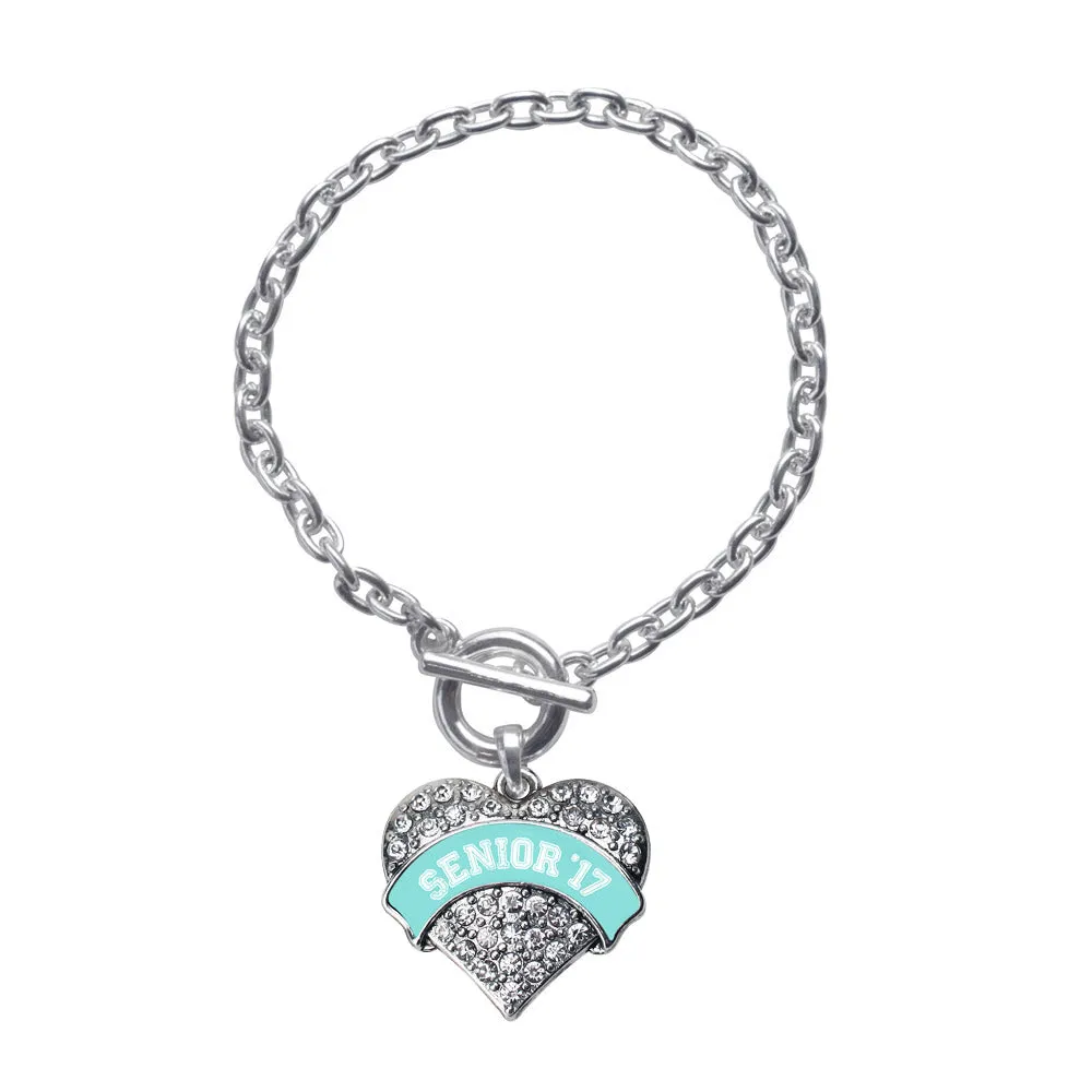 Silver Teal Senior 2017 Pave Heart Charm Toggle Bracelet