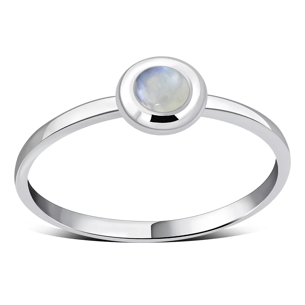 Simple Round Rainbow Moonstone Silver Ring