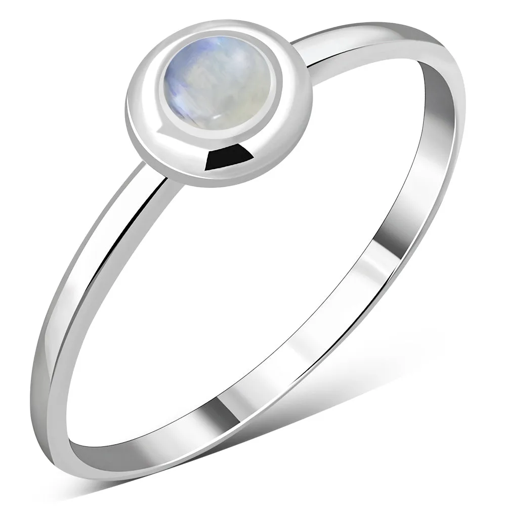 Simple Round Rainbow Moonstone Silver Ring