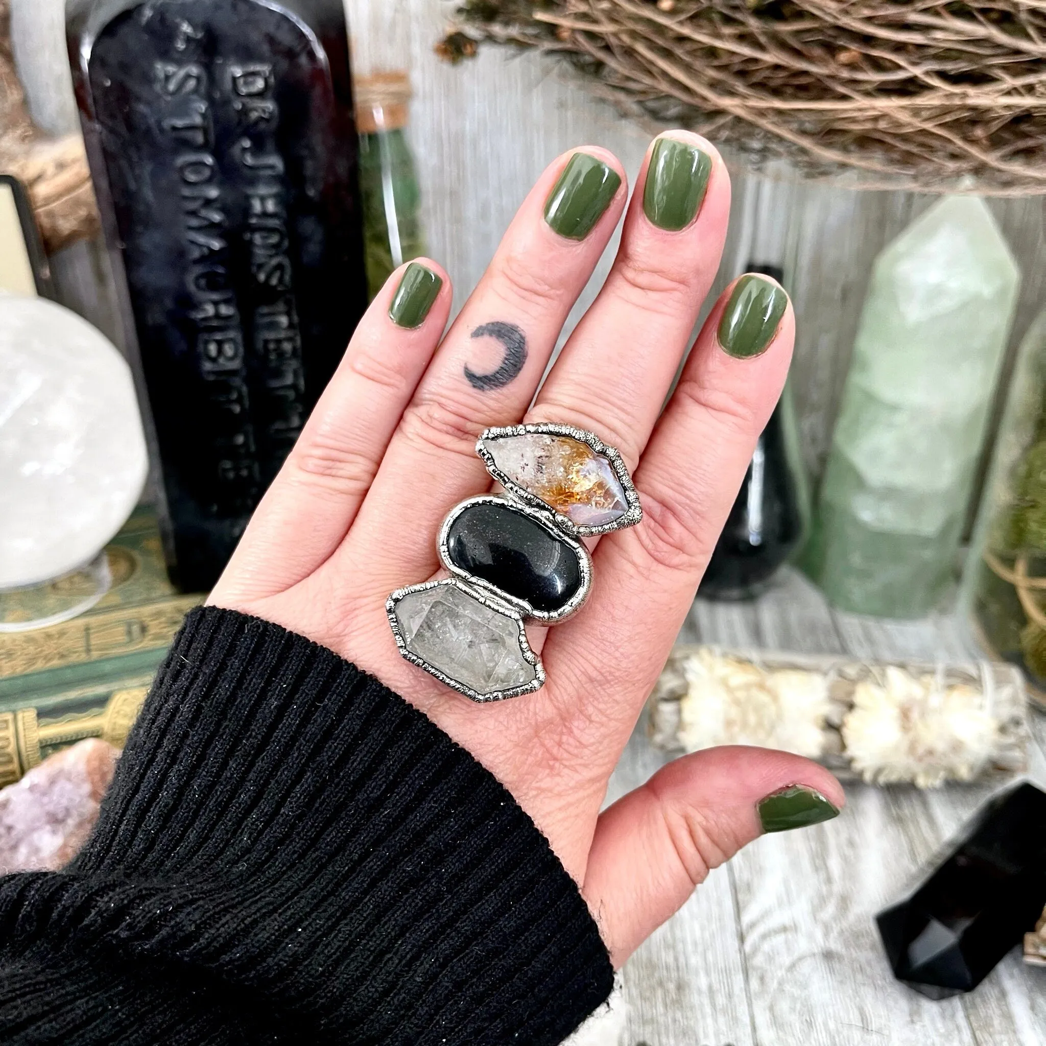 Size 9 Crystal Ring - Three Stone Black Onyx Yellow Citrine & Quartz Silver Ring / Foxlark Collection - One of a Kind