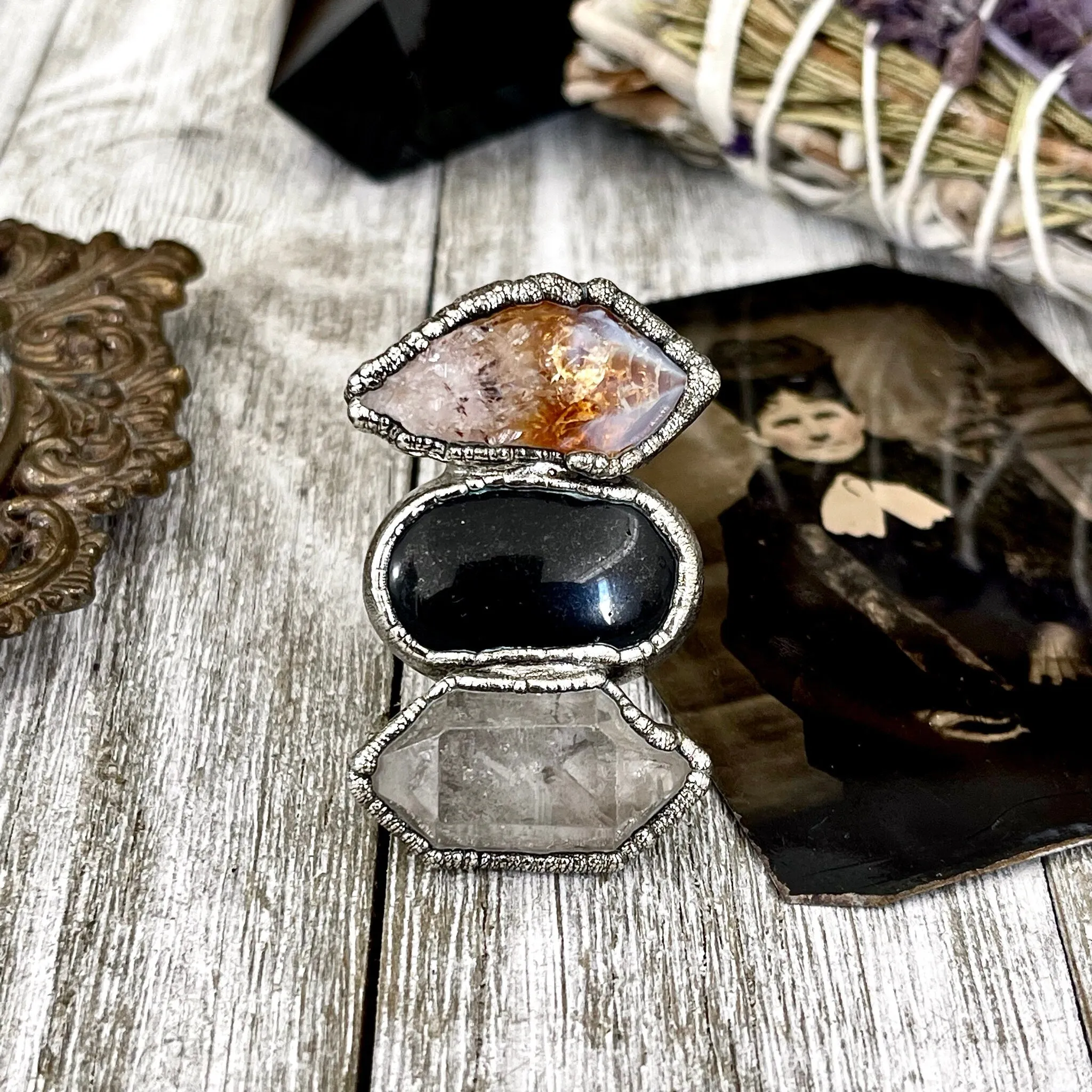 Size 9 Crystal Ring - Three Stone Black Onyx Yellow Citrine & Quartz Silver Ring / Foxlark Collection - One of a Kind