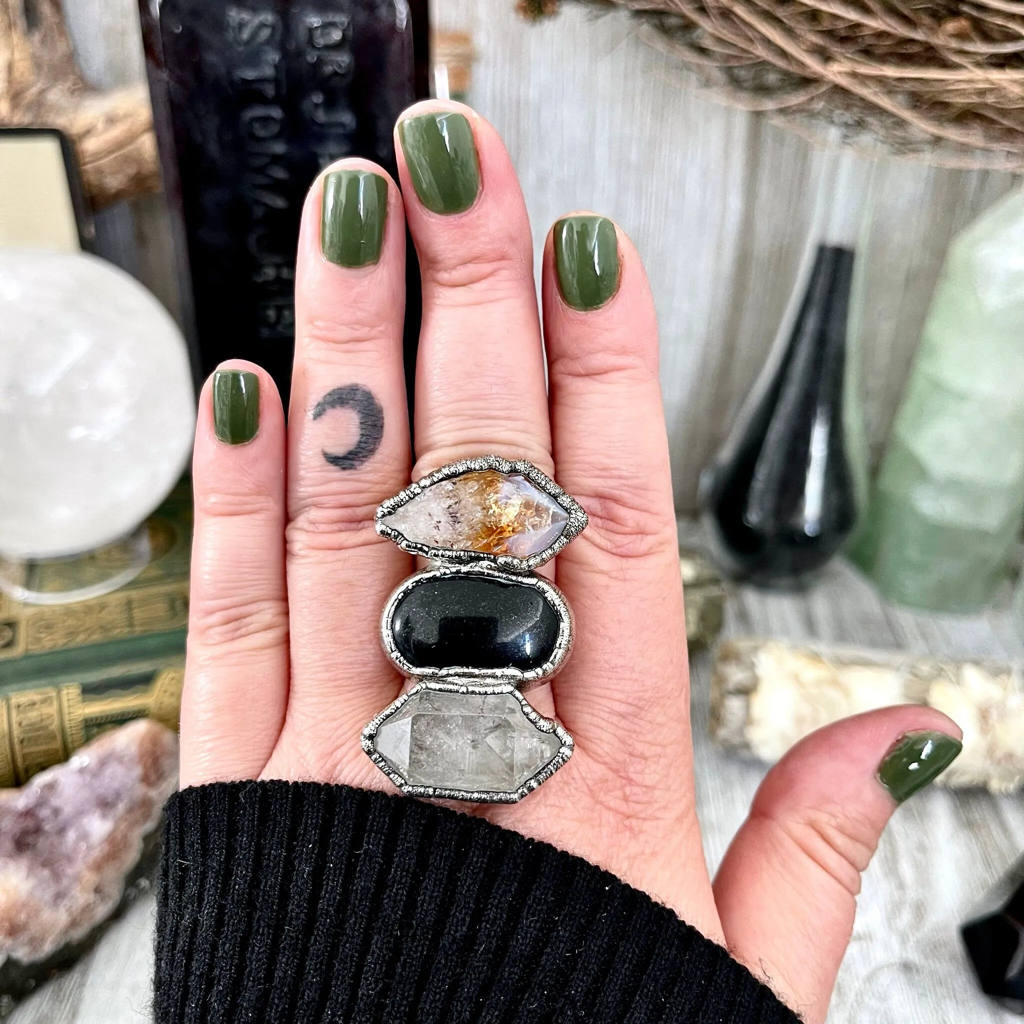 Size 9 Crystal Ring - Three Stone Black Onyx Yellow Citrine & Quartz Silver Ring / Foxlark Collection - One of a Kind