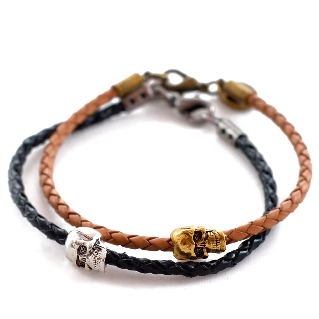 Skull Charm Leather Braid Bracelet