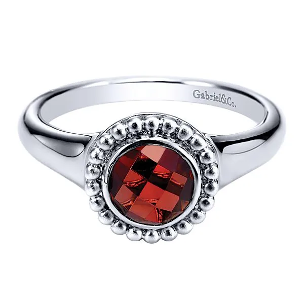 Sterling Silver Beaded Round Cut Garnet Ring