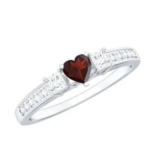 Three Stone Engagement Ring with Heart Shape Garnet and Diamond