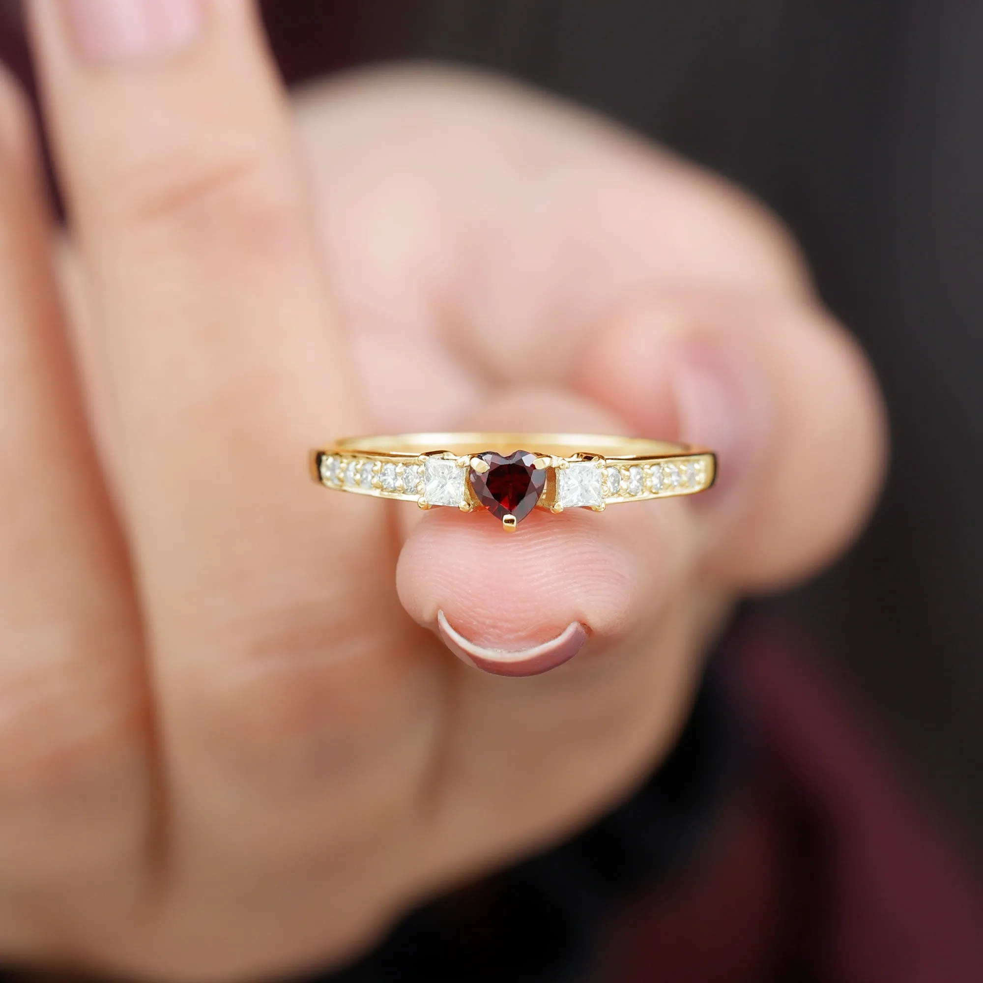 Three Stone Engagement Ring with Heart Shape Garnet and Diamond