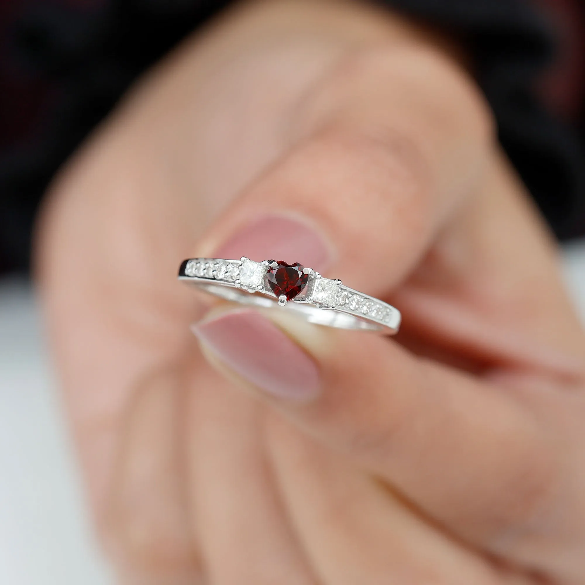 Three Stone Engagement Ring with Heart Shape Garnet and Diamond