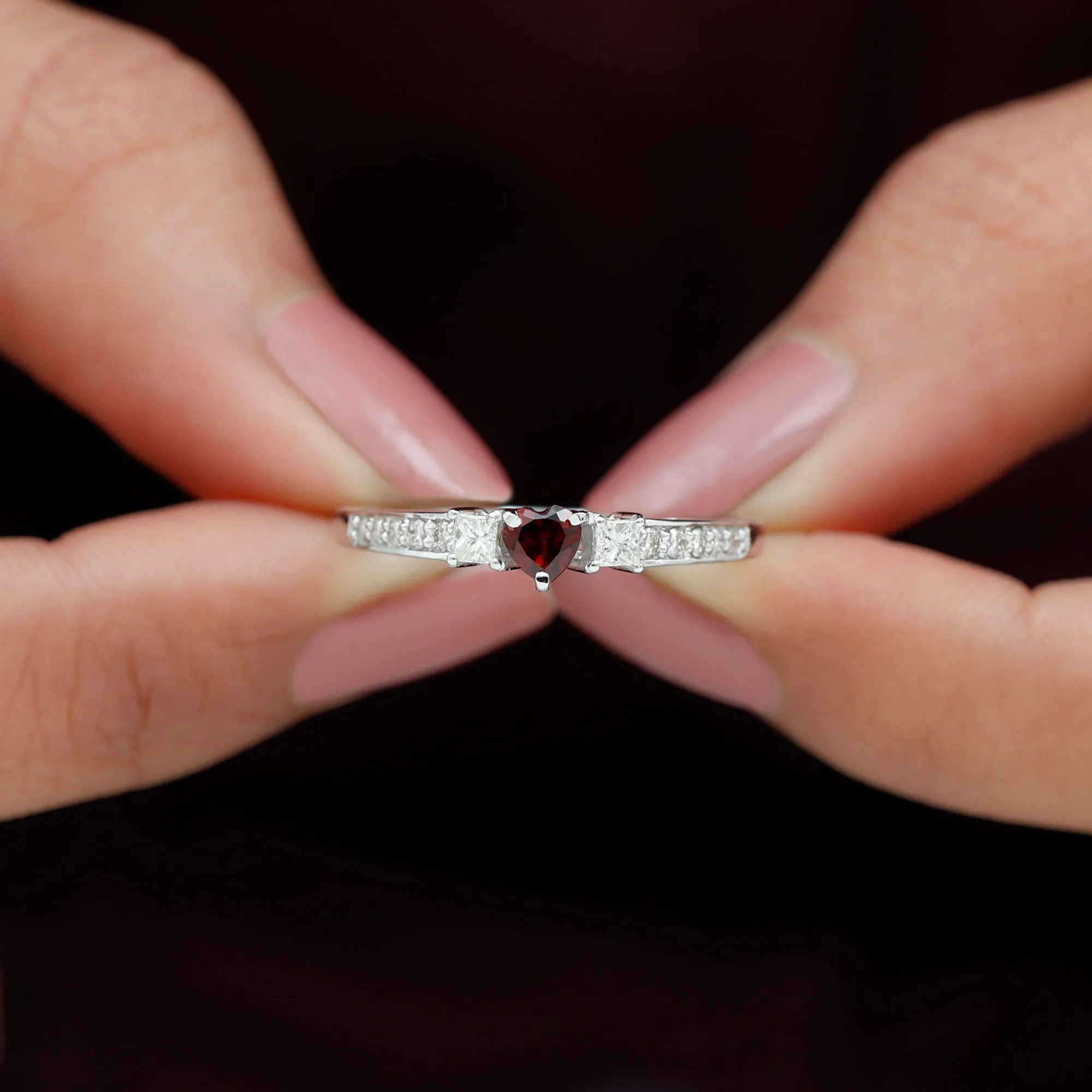 Three Stone Engagement Ring with Heart Shape Garnet and Diamond